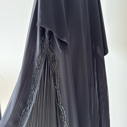 عباية شيفون وخرز بكسرات جانبية BLACK CHIFFON & BEADS WITH SIDE PLEATS ABAYA