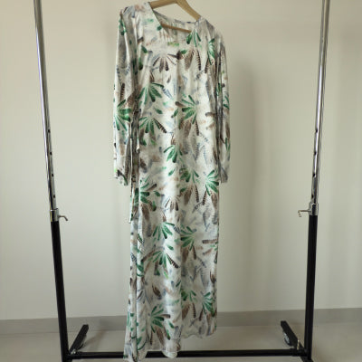 Beaded satin , floral patterned maxi dress , Jalabiya جلابية حرير بنمط مشجر مزينة بفصوص بربطات جانبية