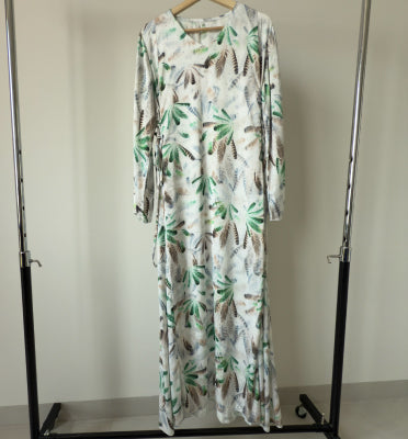 Beaded satin , floral patterned maxi dress , Jalabiya جلابية حرير بنمط مشجر مزينة بفصوص بربطات جانبية