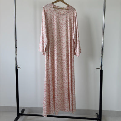 Beaded satin pink tiger patterned maxi dress , Jalabiya جلابية حرير بفصوص بنمط تايغر وردي