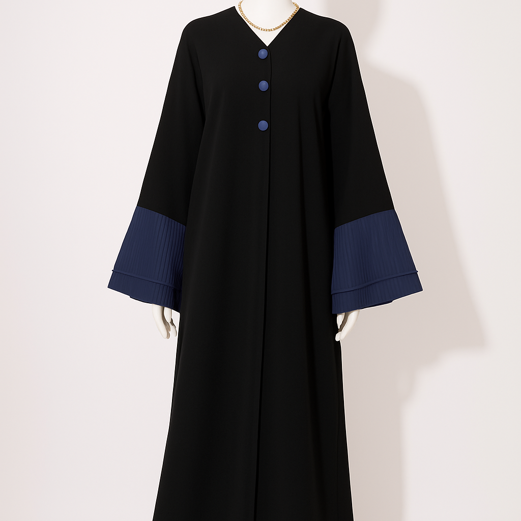 تفصيل عباية يومية كريب بآكمام طبقات شيفون ، لون أزرق ، Daily Crape blue raffled sleeves abaya (Pre Order)