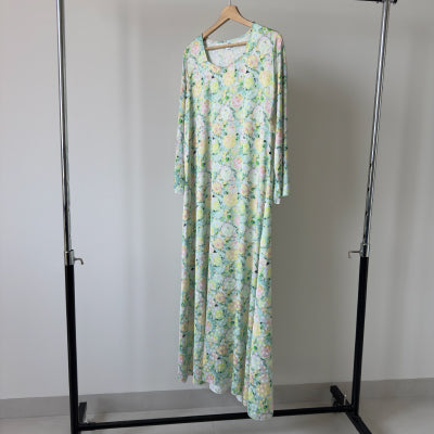 Floral stone beaded satin floral patterned maxi dress , Jalabiya جلابية حرير بفصوص بنمط مشجر