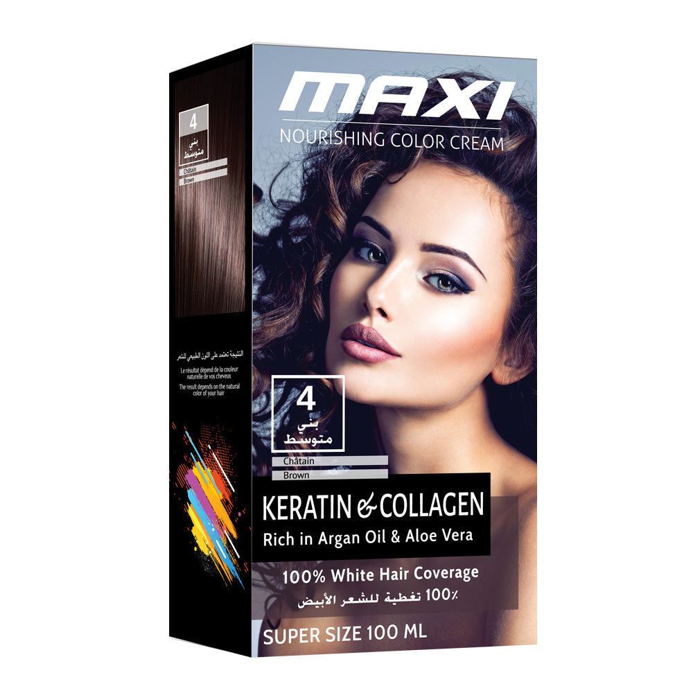 كريم لون ماكسي يدوم طويلاً مع تقنية عالية من الكيراتين والكولاجين والبروتين بني متوسط MAXI NOURISHING COLOR CREAM 4 BROWN KIT 100 ML