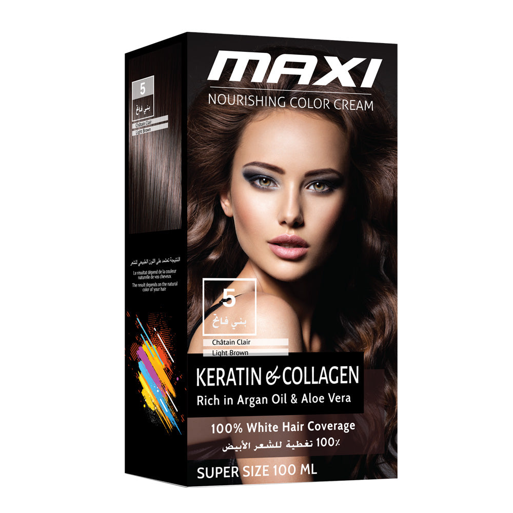 كريم لون ماكسي يدوم طويلاً مع تقنية عالية من الكيراتين والكولاجين والبروتين بني فاتح MAXI NOURISHING COLOR CREAM 5 LIGHT BROWN KIT 100 ML