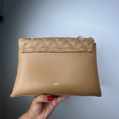 حقيبة يد بيج غامق مبطنة مزينة بشعار QUILTED EMBELLISHED EMBLEM TAUPE HAND BAG