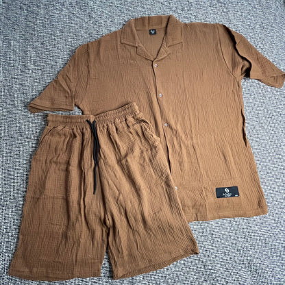 طقم تيشرت وشورت بني رجالي اوفر سايز Over Sized Brown Men’s T-Shirt and Shorts Set