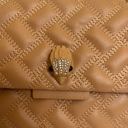 حقيبة يد بيج غامق مبطنة مزينة بشعار QUILTED EMBELLISHED EMBLEM TAUPE HAND BAG