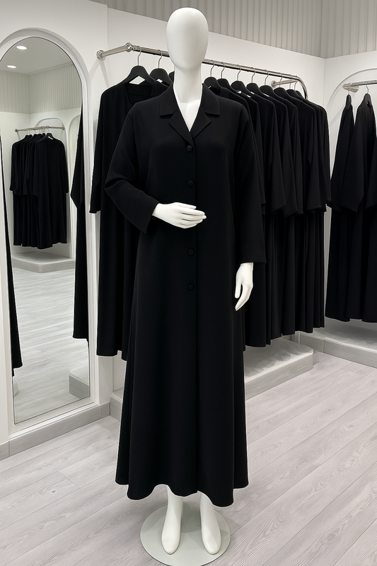 تفصيل عباية يومية عملية كلوش ، بياقة وأزرار  Practical buttoned with collar daily abaya with klosh cut (Pre Order)
