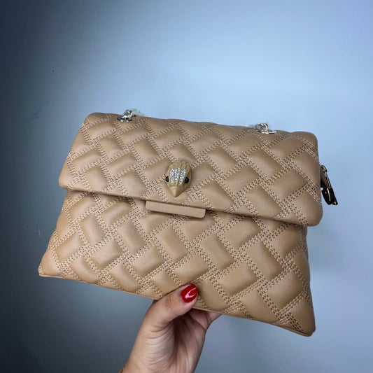 حقيبة يد بيج غامق مبطنة مزينة بشعار QUILTED EMBELLISHED EMBLEM TAUPE HAND BAG