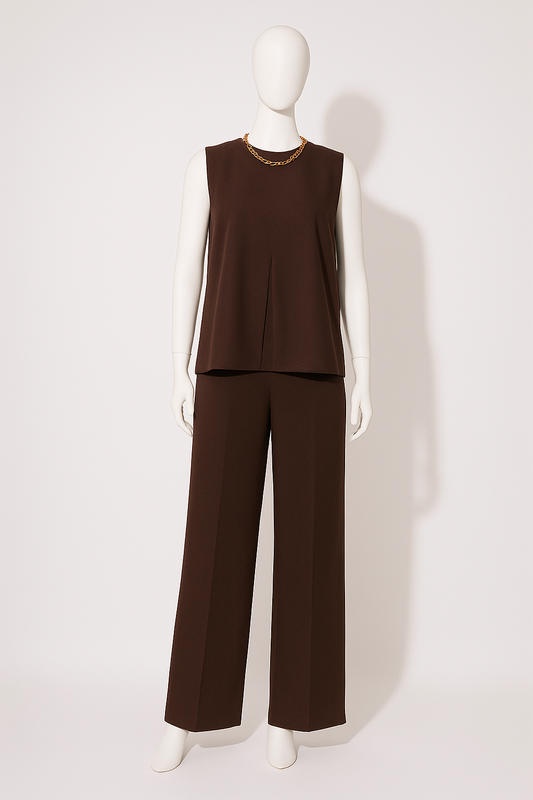 تفصيل طقم داخلية عباية ، توب وبنطلون ، لون بني ، Customized daily Crape brown Sleeveless top & trousers inner abaya
