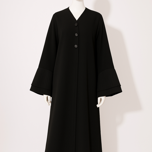تفصيل عباية يومية كريب بآكمام طبقات شيفون ، لون أسود ، Daily Crape black raffled sleeves abaya (Pre Order)
