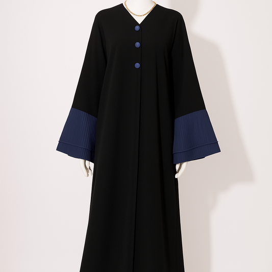 تفصيل عباية يومية كريب بآكمام طبقات شيفون ، لون أزرق ، Daily Crape blue raffled sleeves abaya (Pre Order) 