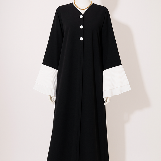تفصيل عباية يومية كريب بآكمام طبقات شيفون ، لون أبيض ، Daily Crape white raffled sleeves abaya (Pre Order)