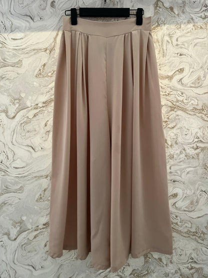 سروال نسائي طويل واسع الساقين فضفاض مع حزام مطاطي محكم Very Wide Leg  Beige Trousers polyester