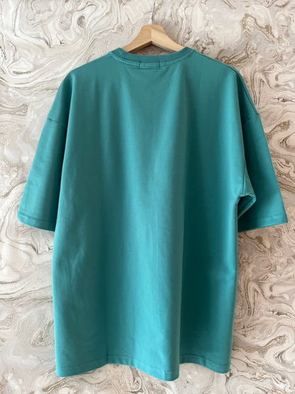 قميص اوفر سايز شتوي داون شولدر تركواز رجالي Men's Oversized boxy Drop Shoulder aqua green T-shirt