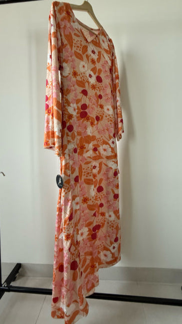 Floral stone beaded satin orange maxi dress , Jalabiya  جلابية حرير برتقالي بفصوص بربطات جانبية
