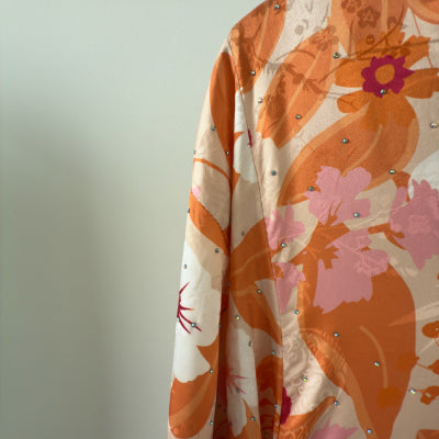 Floral stone beaded satin orange maxi dress , Jalabiya  جلابية حرير برتقالي بفصوص بربطات جانبية
