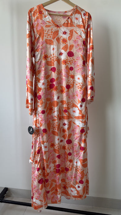 Floral stone beaded satin orange maxi dress , Jalabiya  جلابية حرير برتقالي بفصوص بربطات جانبية