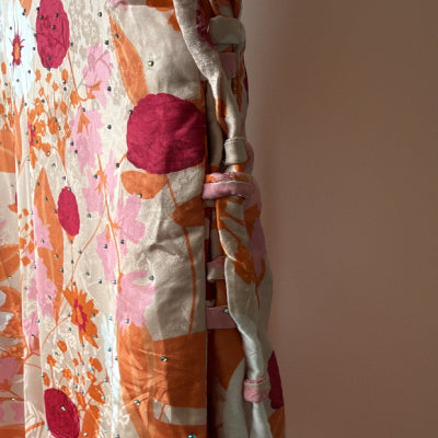 Floral stone beaded satin orange maxi dress , Jalabiya  جلابية حرير برتقالي بفصوص بربطات جانبية