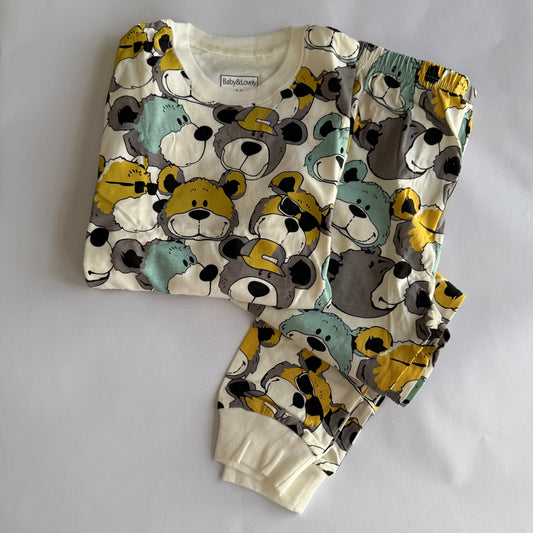 Bear print toddler boys casual pajama set  طقم لبس نوم أولاد بطبعة دبدوب