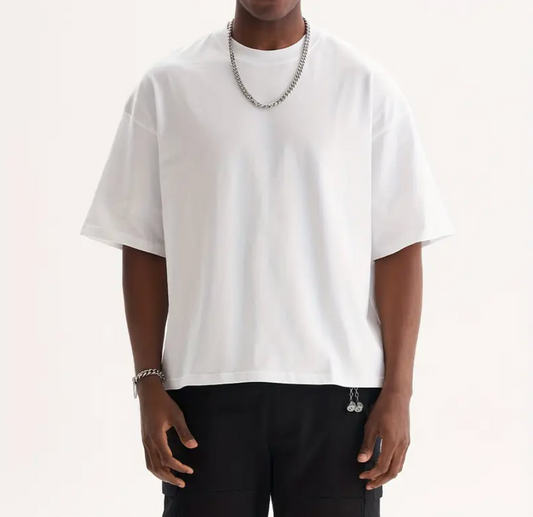قميص اوفر سايز تي شيرت منخفض الاكتاف أبيض رجالي Men's Oversized boxy Drop Shoulder white T-shirt