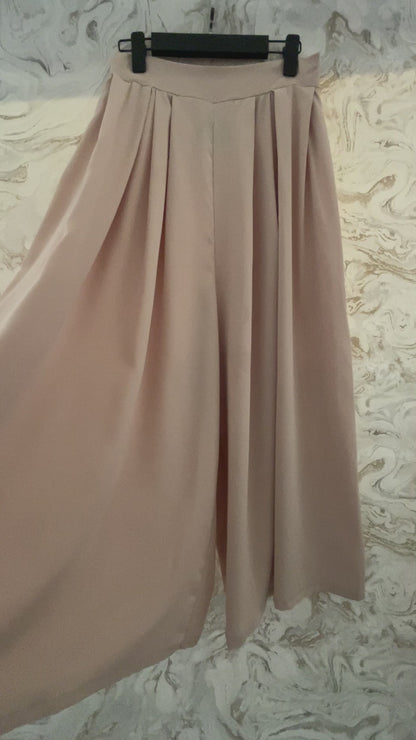 سروال نسائي طويل واسع الساقين فضفاض مع حزام مطاطي محكم Very Wide Leg  Beige Trousers polyester