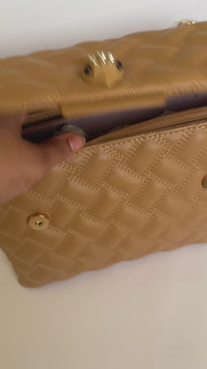 حقيبة يد بيج غامق مبطنة مزينة بشعار QUILTED EMBELLISHED EMBLEM TAUPE HAND BAG