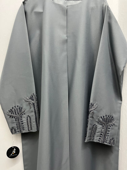 عباية تفتا رمادي Tefta sleeve beaded Abaya